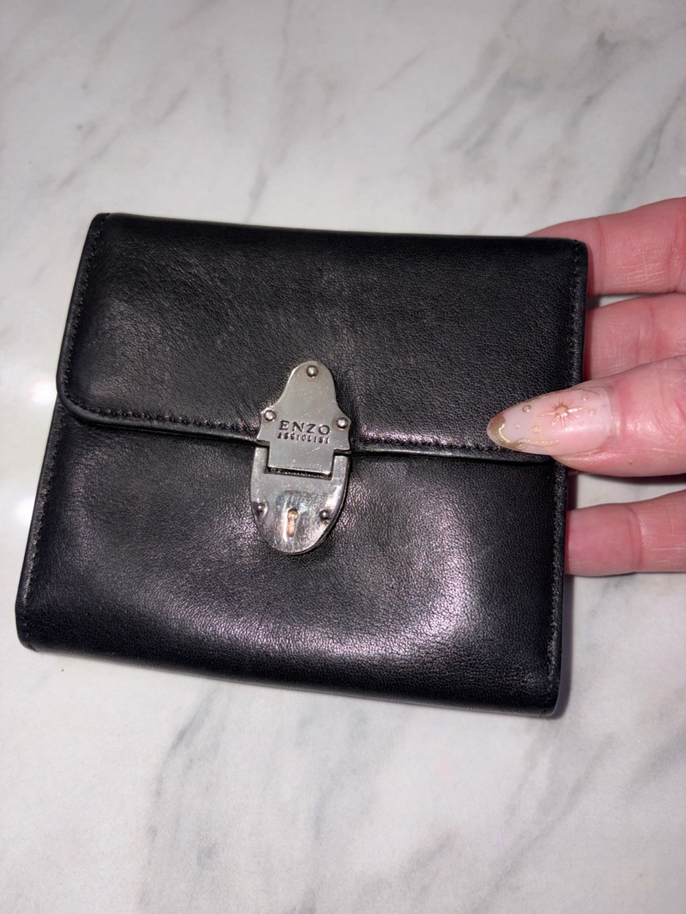 Vintage Enzo Angiolini Black Leather Trifold Wallet Heavy Clasp Y2K